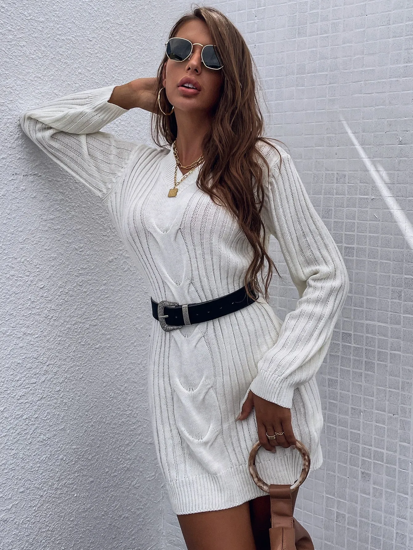 Elegant Plain Rib-Knit Long Sleeve V Neck Straight Natural Mini Women Sweater Dress