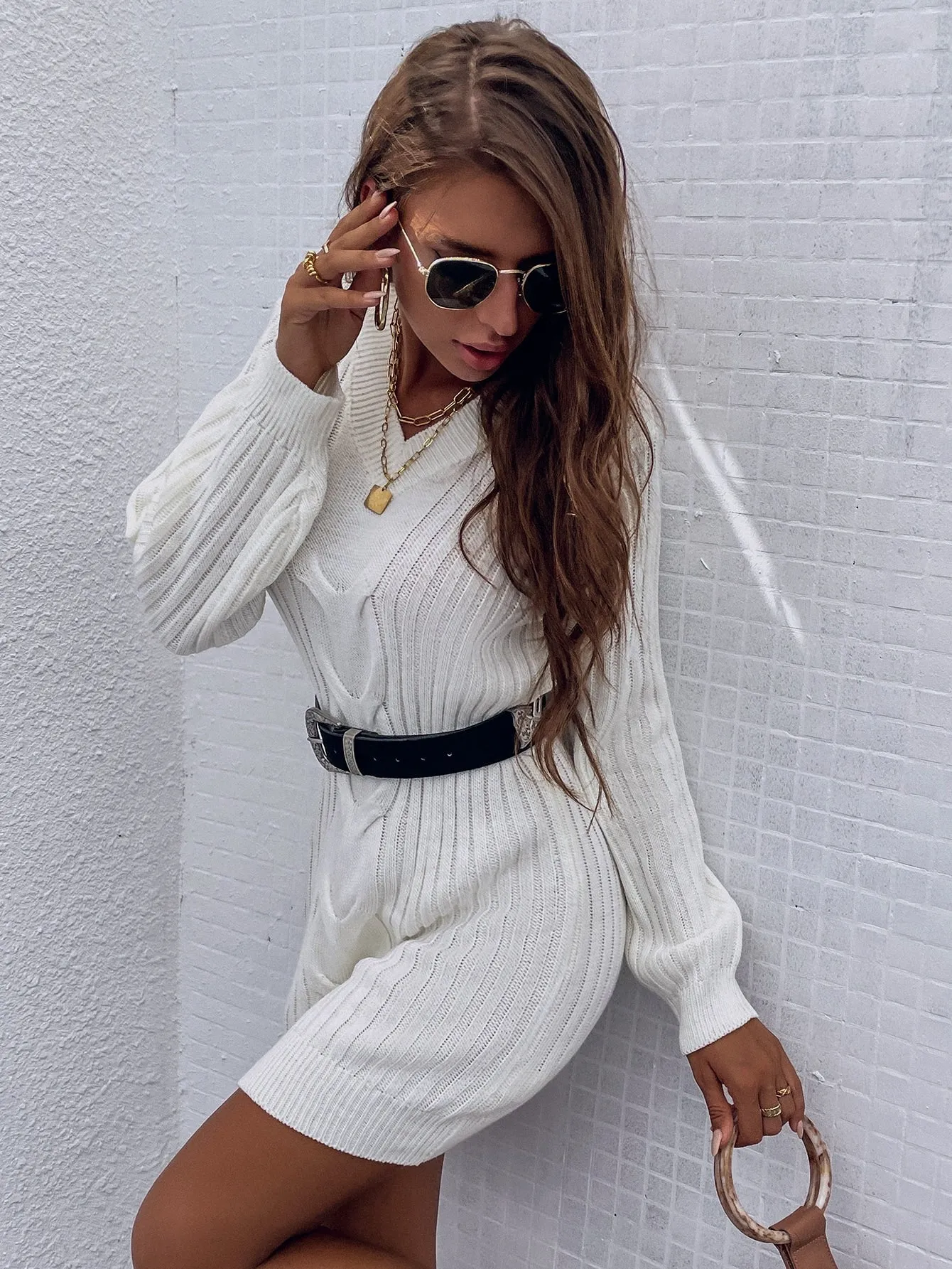 Elegant Plain Rib-Knit Long Sleeve V Neck Straight Natural Mini Women Sweater Dress