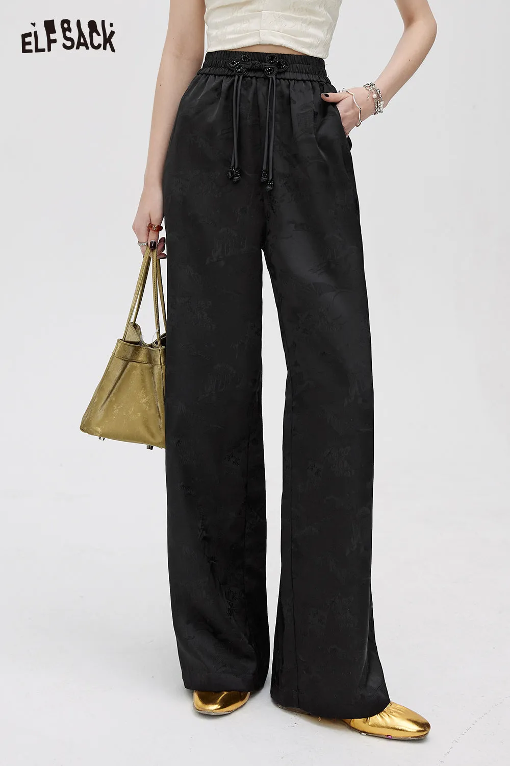 ELFSACK 2024 summer new arrival picnic travel vacation holiday soft comfortable fitted Chinese style satin jacquard weaving straight pants high waisted casual