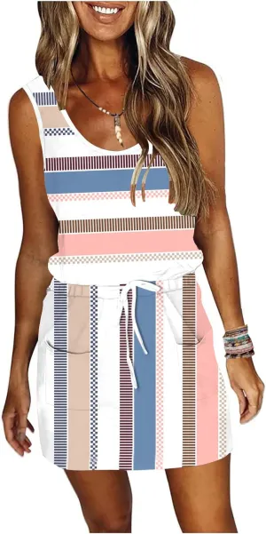 ETCYY NEW Womens Summer Striped Dresses Casual Sleeveless T Shirt Dress Drawstring Waist Sundress with Pockets