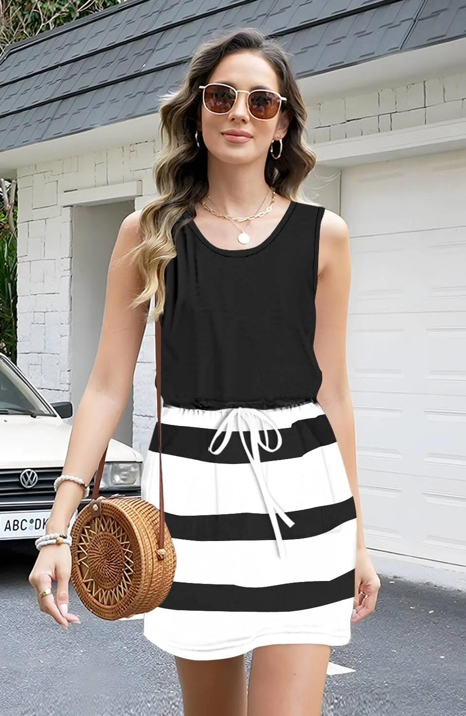 ETCYY NEW Womens Summer Striped Dresses Casual Sleeveless T Shirt Dress Drawstring Waist Sundress with Pockets
