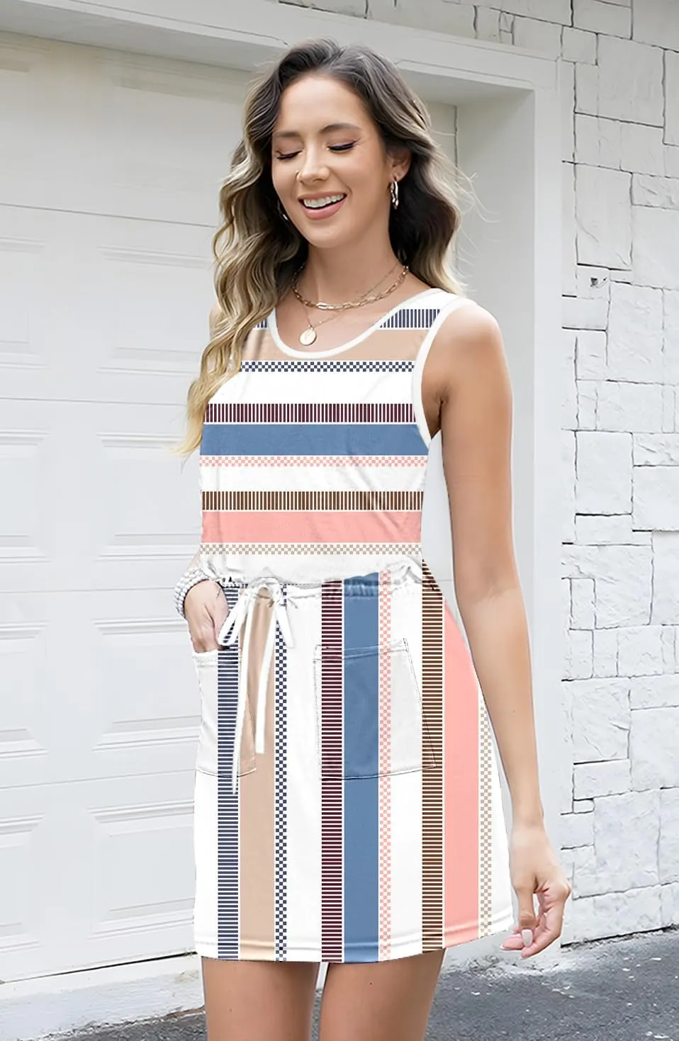 ETCYY NEW Womens Summer Striped Dresses Casual Sleeveless T Shirt Dress Drawstring Waist Sundress with Pockets