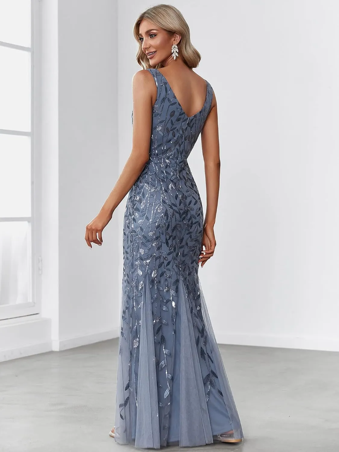 Ever-Pretty Women's Formal Dress Sequin Tulle Double V-Neck Sleeveless Mermaid Long Evening Dress 07886