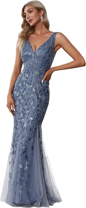 Ever-Pretty Women's Formal Dress Sequin Tulle Double V-Neck Sleeveless Mermaid Long Evening Dress 07886
