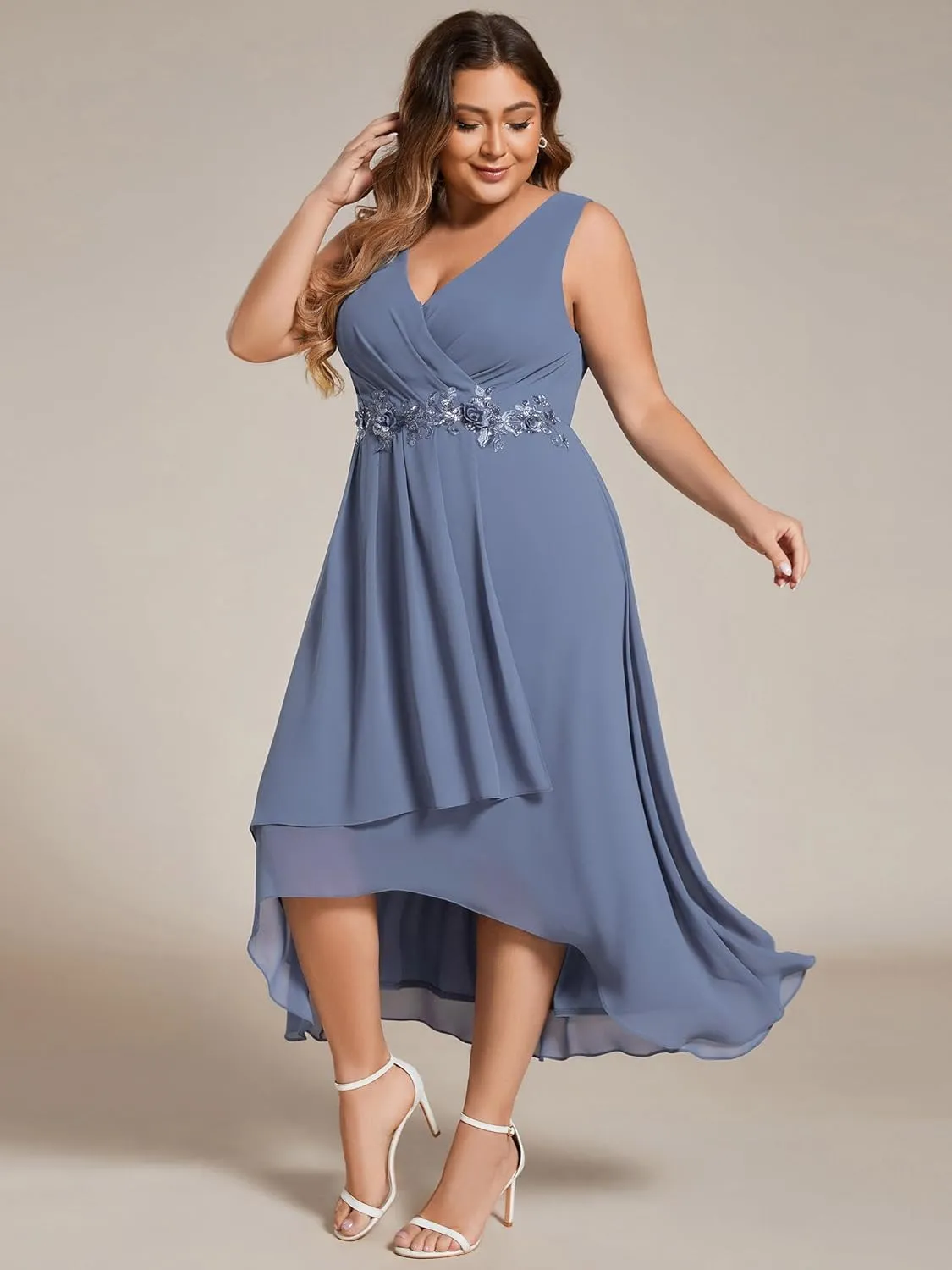 Ever-Pretty Women's Summer Chiffon Sleeveless V Neck Applique Plus Size High Low Formal Wedding Guest Dresses 41926-DA