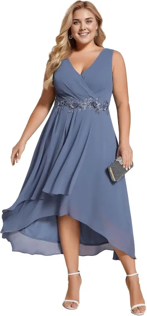 Ever-Pretty Women's Summer Chiffon Sleeveless V Neck Applique Plus Size High Low Formal Wedding Guest Dresses 41926-DA