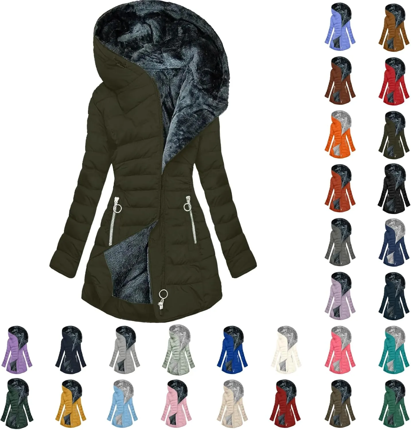 Faux Fur Hooded Down Coat for Women Trendy Full Zip Pocket Plush Casual Daily Y2k Loose Fit Warm Winter Cotton Jacket