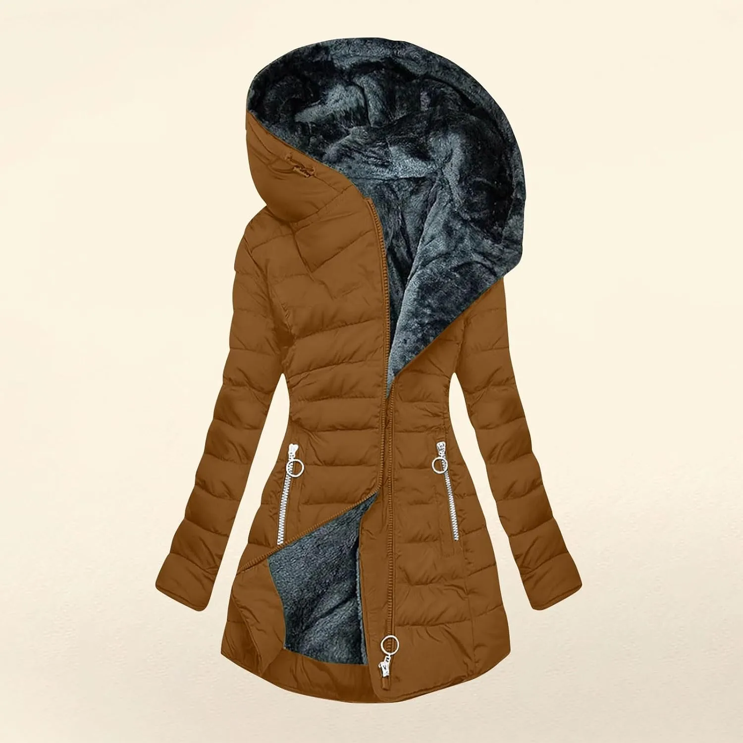 Faux Fur Hooded Down Coat for Women Trendy Full Zip Pocket Plush Casual Daily Y2k Loose Fit Warm Winter Cotton Jacket