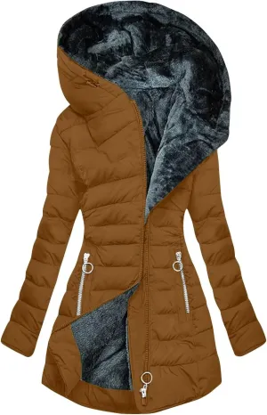 Faux Fur Hooded Down Coat for Women Trendy Full Zip Pocket Plush Casual Daily Y2k Loose Fit Warm Winter Cotton Jacket