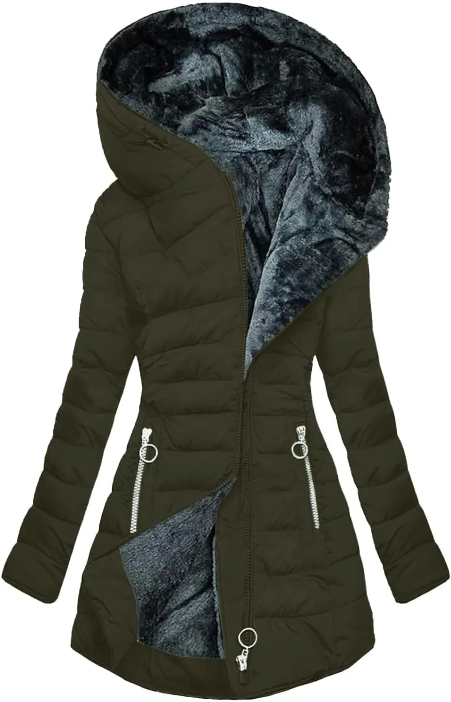 Faux Fur Hooded Down Coat for Women Trendy Full Zip Pocket Plush Casual Daily Y2k Loose Fit Warm Winter Cotton Jacket