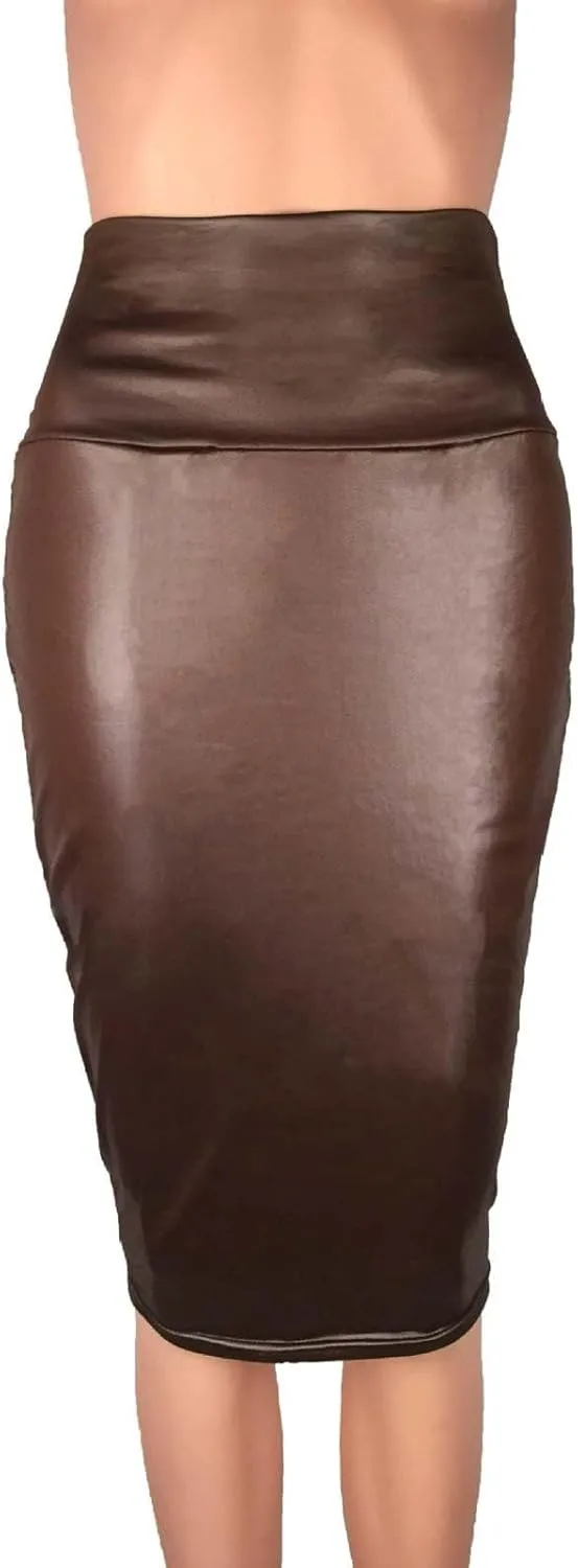 Faux PU Skirts for Women 2025 Fashion Warp Dance Skit Leather Bodycon Pencil Knee Length Skirts for Dance Prom