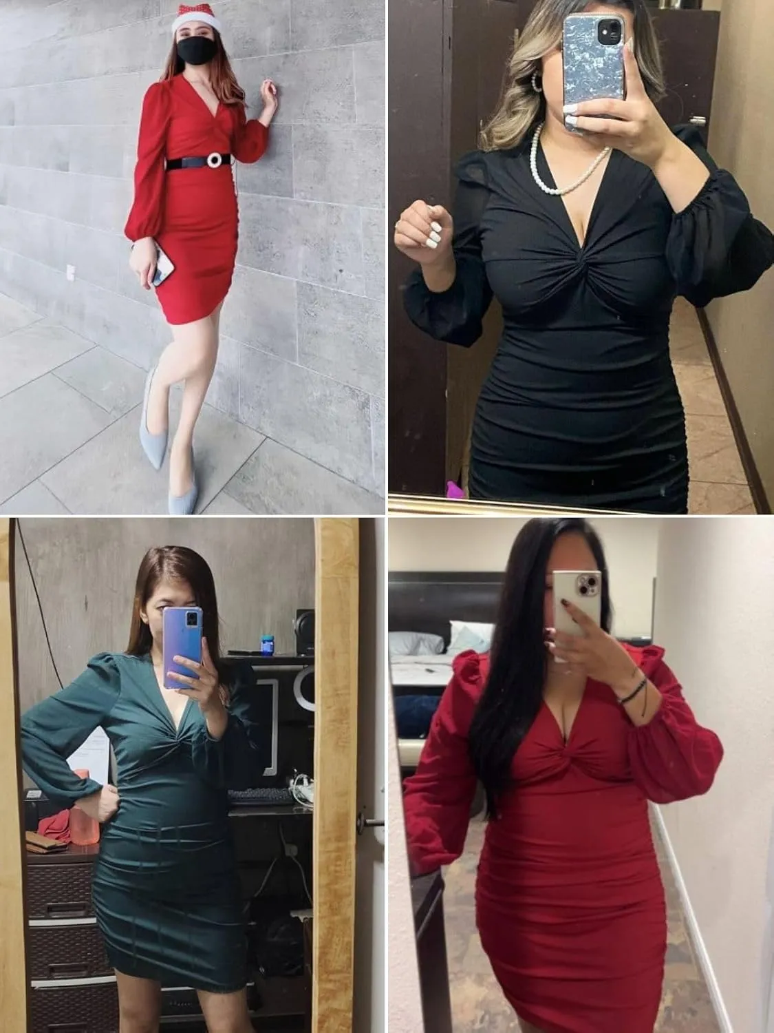 Fisoew Women's V Neck Party Dresses Slim Fitted Long Sleeve Twist Knot Ribbed Mini Club Bodycon Dress