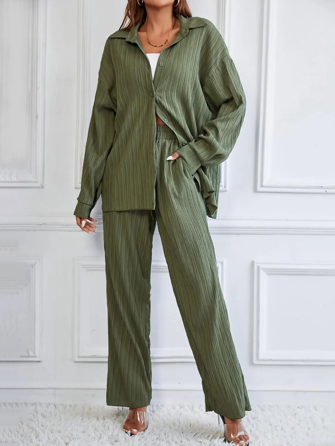 Floerns Women's 2 Piece Outfits Slit Hem Longline Blouse and Wide Leg Pants Set