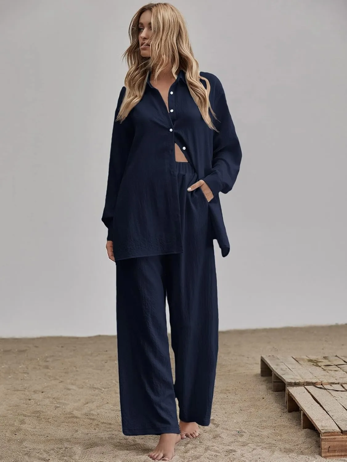 Floerns Women's 2 Piece Outfits Slit Hem Longline Blouse and Wide Leg Pants Set