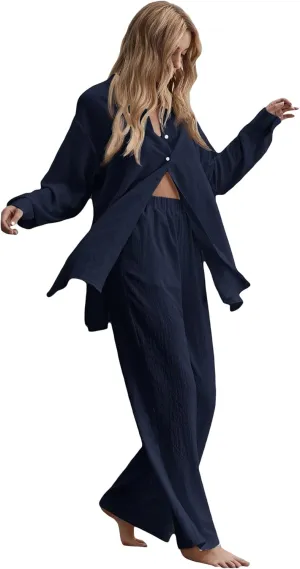 Floerns Women's 2 Piece Outfits Slit Hem Longline Blouse and Wide Leg Pants Set