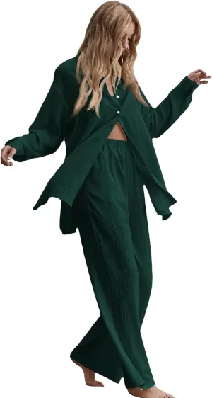 Floerns Women's 2 Piece Outfits Slit Hem Longline Blouse and Wide Leg Pants Set