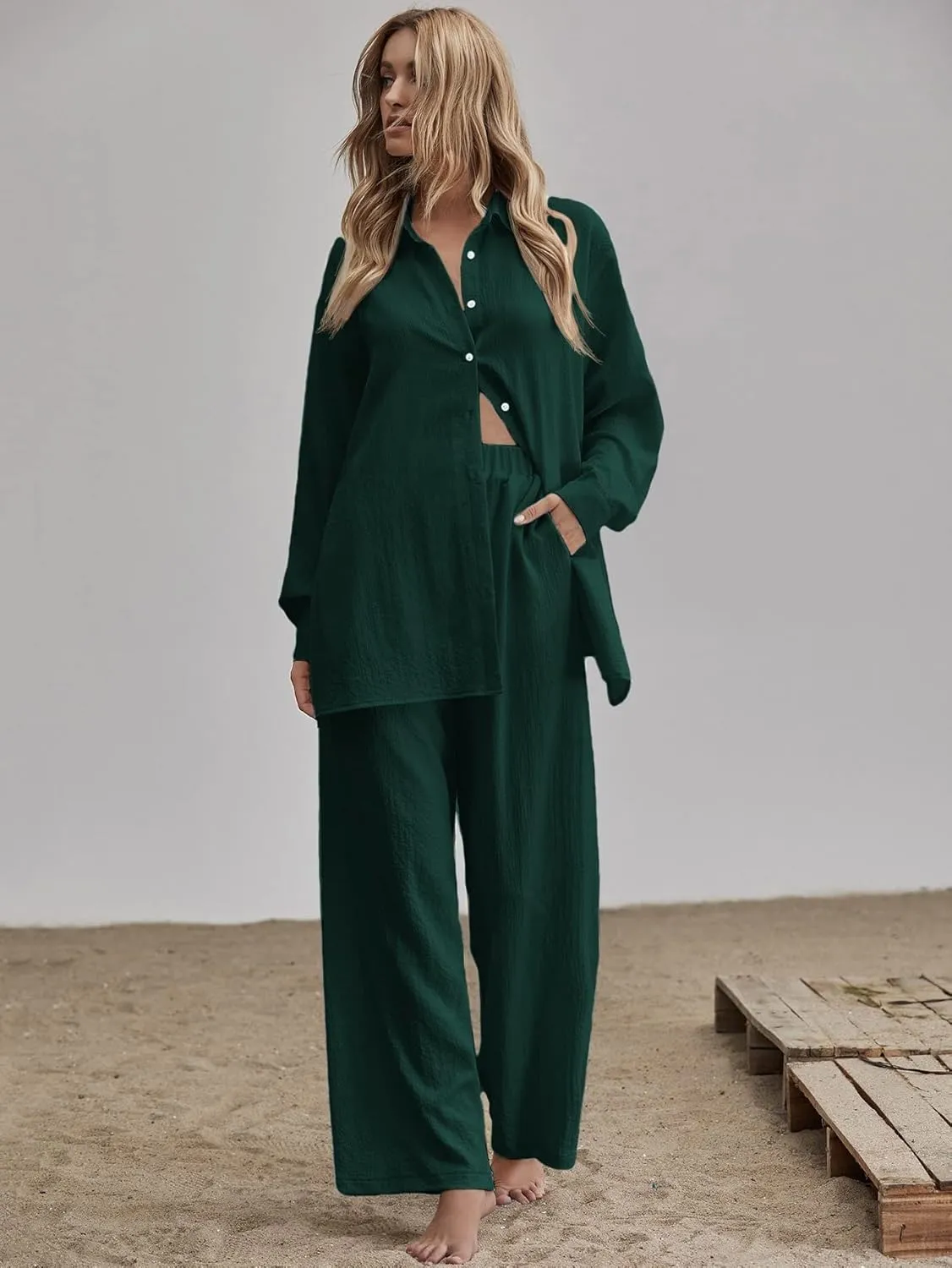 Floerns Women's 2 Piece Outfits Slit Hem Longline Blouse and Wide Leg Pants Set