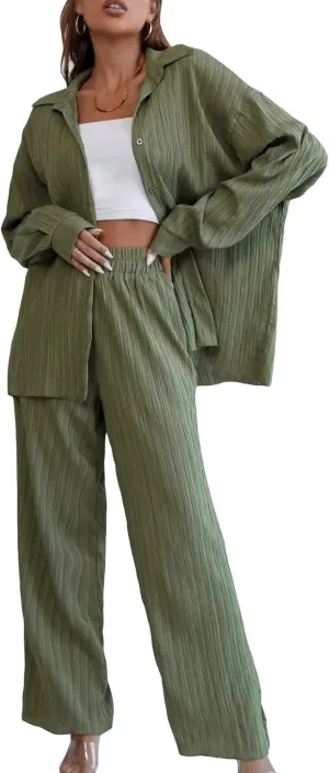 Floerns Women's 2 Piece Outfits Slit Hem Longline Blouse and Wide Leg Pants Set
