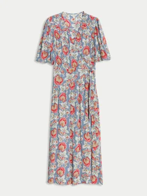 Floral v-neck gathered midi wrap dress