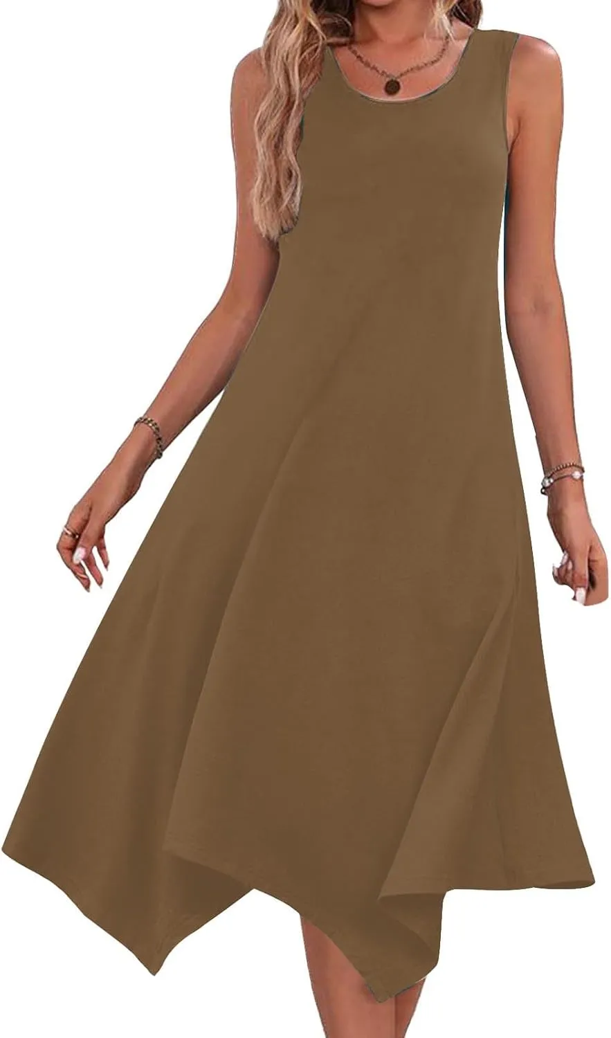 Flowy Dresses for Women Swing Casual Sleeveless Midi Sundress Crewneck Elegant Tank Dress Vacation Outfits 2025