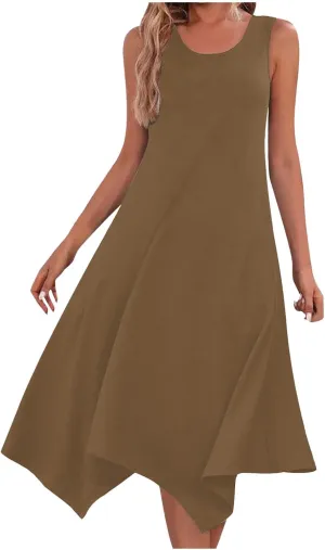 Flowy Dresses for Women Swing Casual Sleeveless Midi Sundress Crewneck Elegant Tank Dress Vacation Outfits 2025