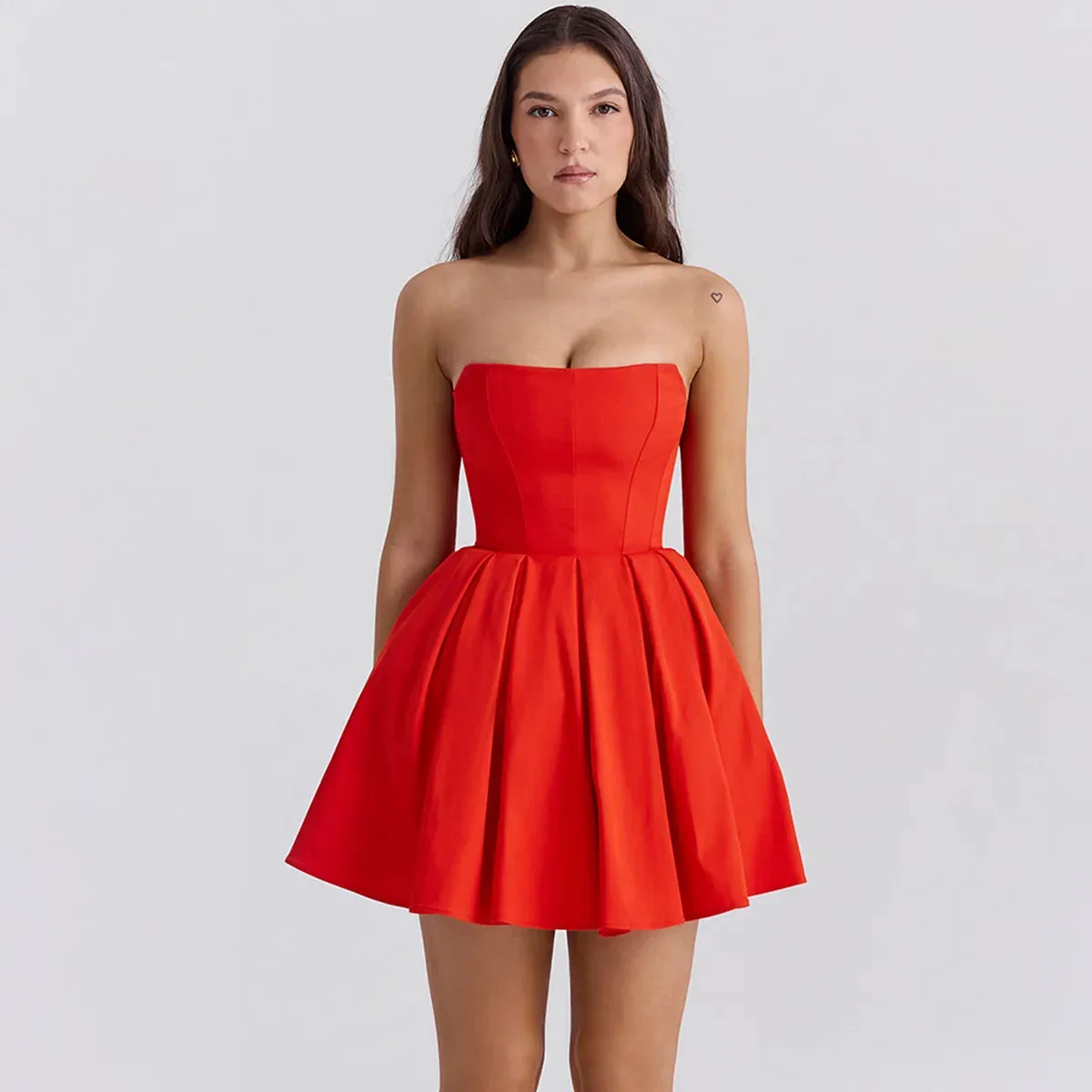 Flytonn red Strapless Bodycon Party Dresses 2025 New Mini Sexy Corset Dress Elegant Casual Holiday Flare Dress-nye outfits