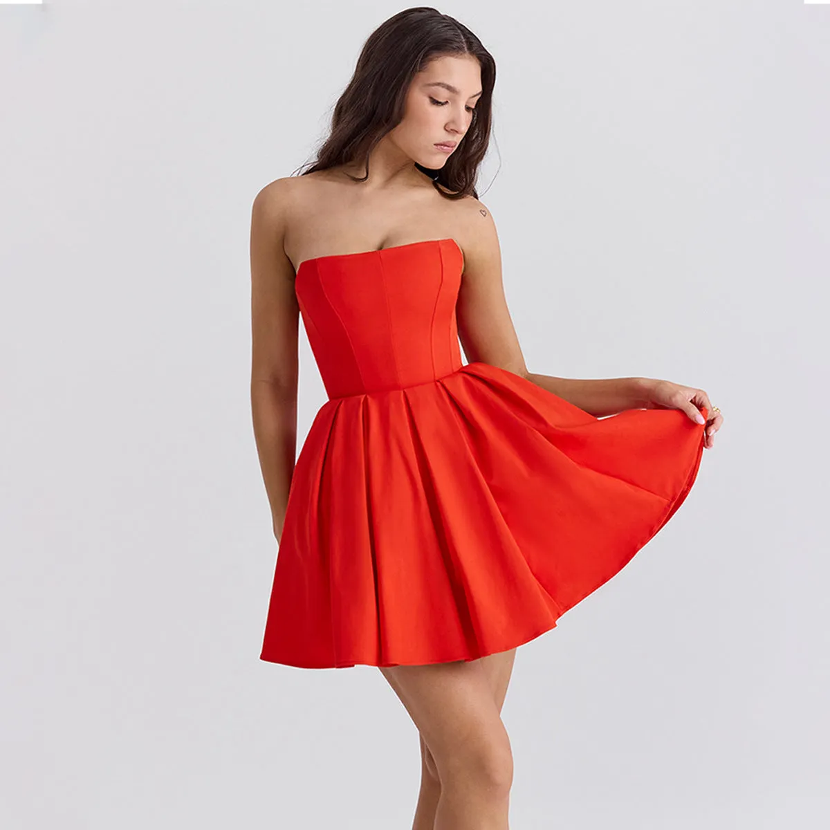 Flytonn red Strapless Bodycon Party Dresses 2025 New Mini Sexy Corset Dress Elegant Casual Holiday Flare Dress-nye outfits