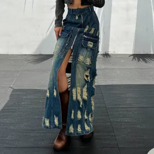 Frayed slim Denim long skirt Frayed slim Denim long skirt