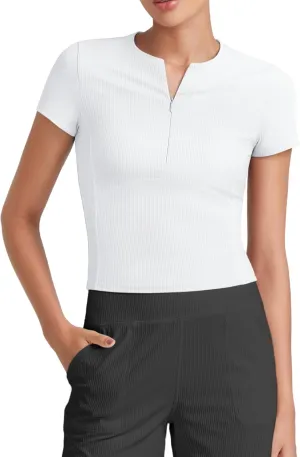 G4Free Half Zip Workout Shirts Women Slim Fitted Work Out Tops Gym Athletic Ribbed Tight Tshirts Summer Casual