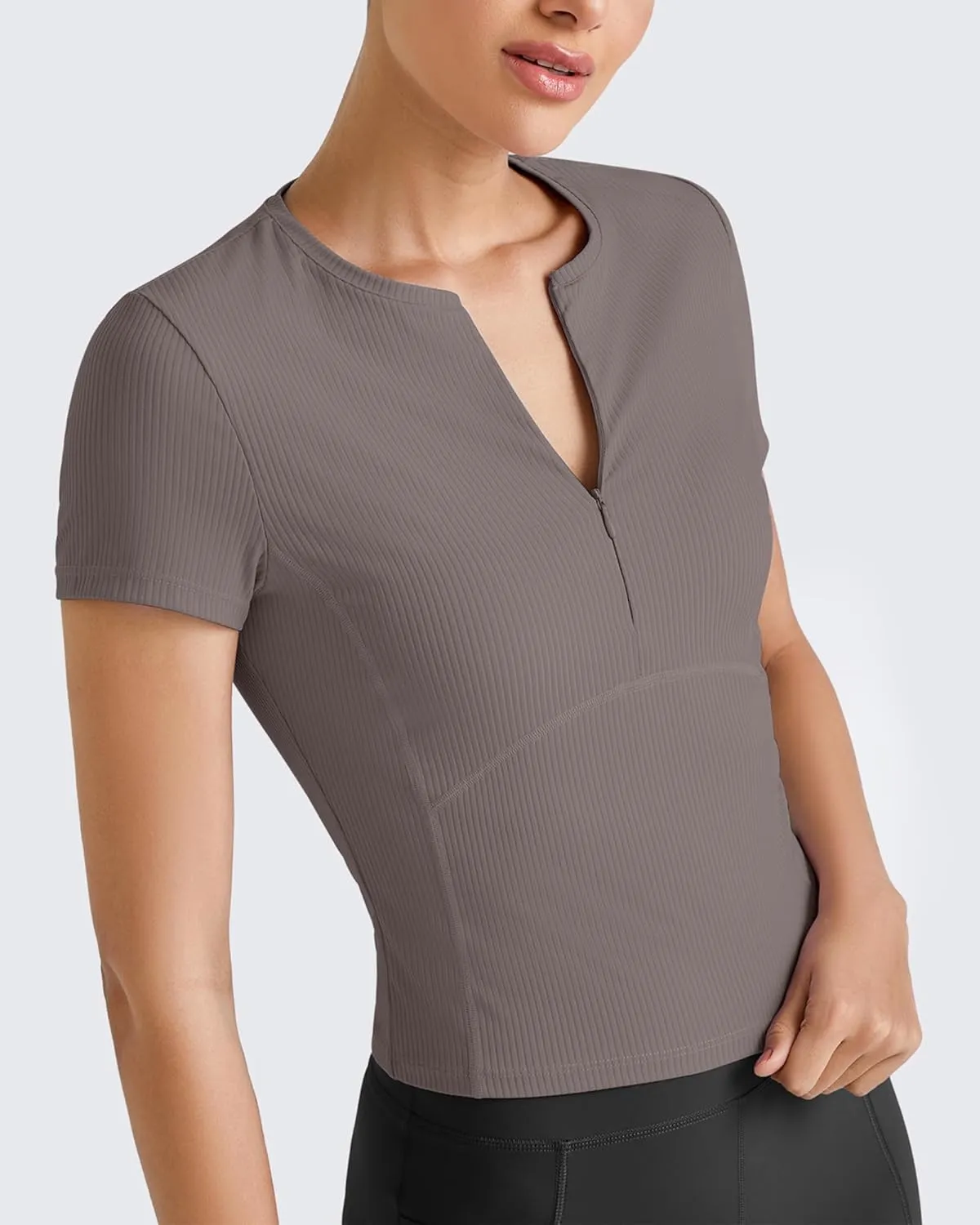 G4Free Half Zip Workout Shirts Women Slim Fitted Work Out Tops Gym Athletic Ribbed Tight Tshirts Summer Casual