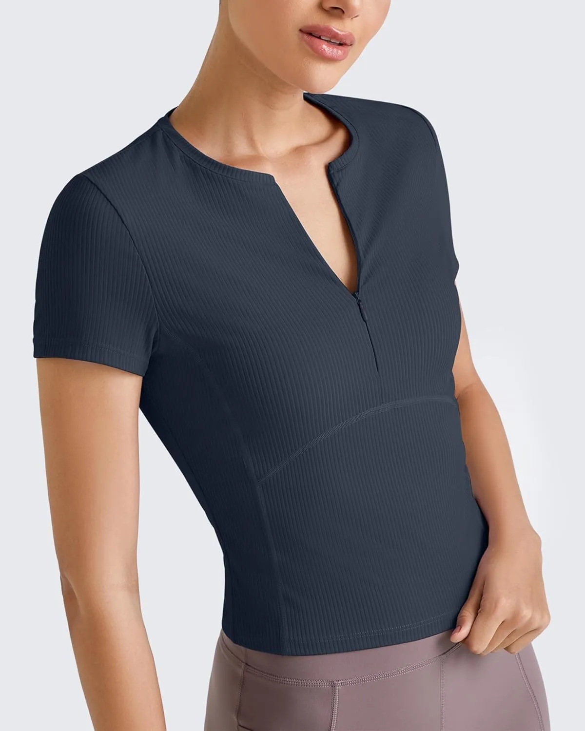 G4Free Half Zip Workout Shirts Women Slim Fitted Work Out Tops Gym Athletic Ribbed Tight Tshirts Summer Casual