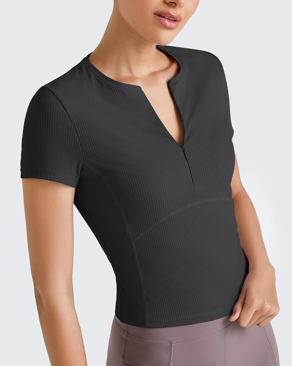 G4Free Half Zip Workout Shirts Women Slim Fitted Work Out Tops Gym Athletic Ribbed Tight Tshirts Summer Casual