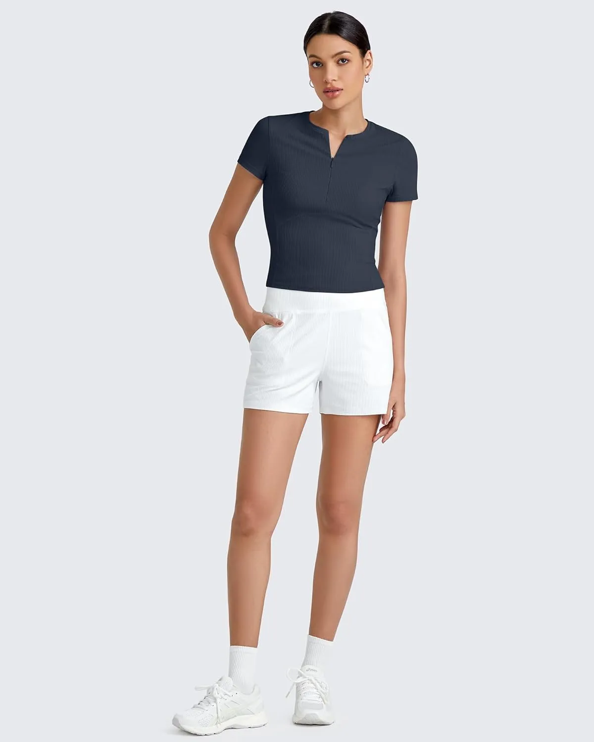 G4Free Half Zip Workout Shirts Women Slim Fitted Work Out Tops Gym Athletic Ribbed Tight Tshirts Summer Casual