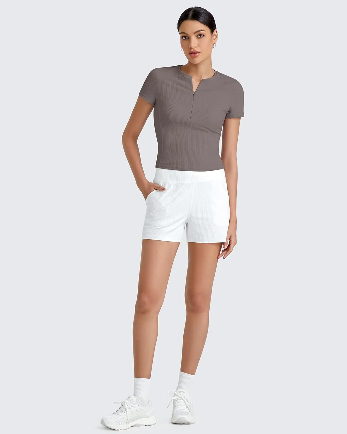 G4Free Half Zip Workout Shirts Women Slim Fitted Work Out Tops Gym Athletic Ribbed Tight Tshirts Summer Casual
