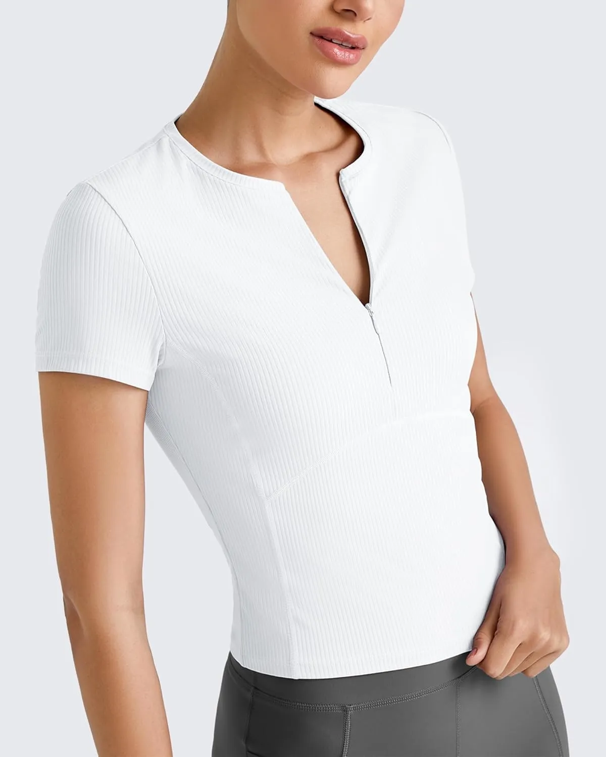 G4Free Half Zip Workout Shirts Women Slim Fitted Work Out Tops Gym Athletic Ribbed Tight Tshirts Summer Casual