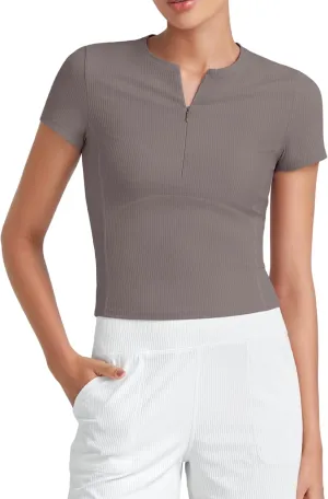 G4Free Half Zip Workout Shirts Women Slim Fitted Work Out Tops Gym Athletic Ribbed Tight Tshirts Summer Casual