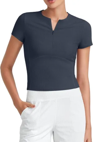 G4Free Half Zip Workout Shirts Women Slim Fitted Work Out Tops Gym Athletic Ribbed Tight Tshirts Summer Casual