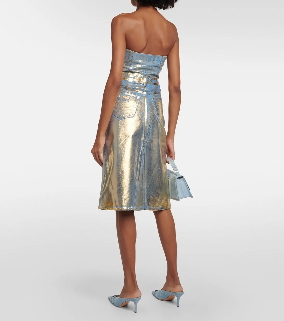 Ganni Gold Foil Midi Denim Skirt, Gold