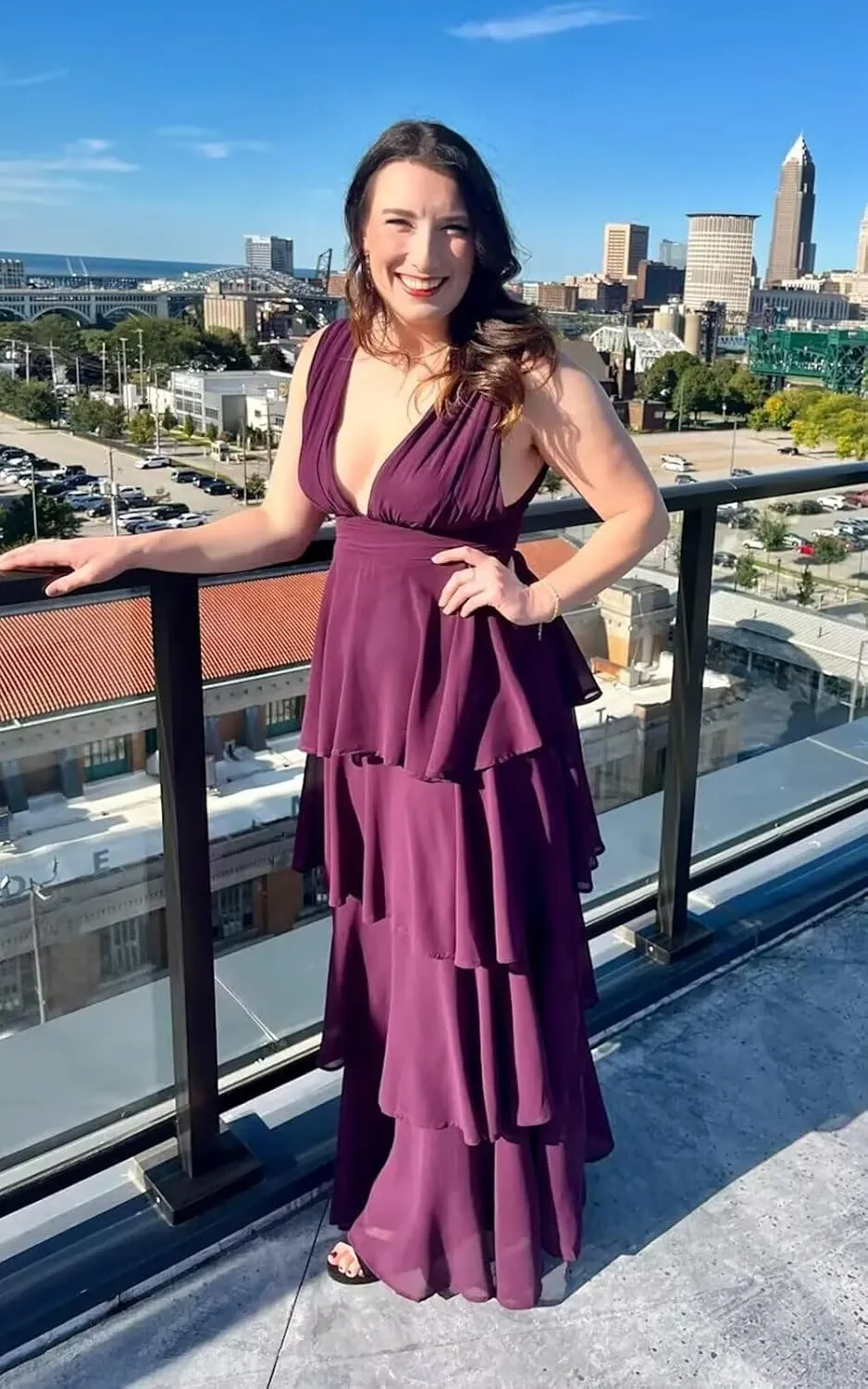GATMAHE Tiered Chiffon Bridesmaid Dresses for Women Deep V Neck Ruffle A Line Long Formal Evening Dress
