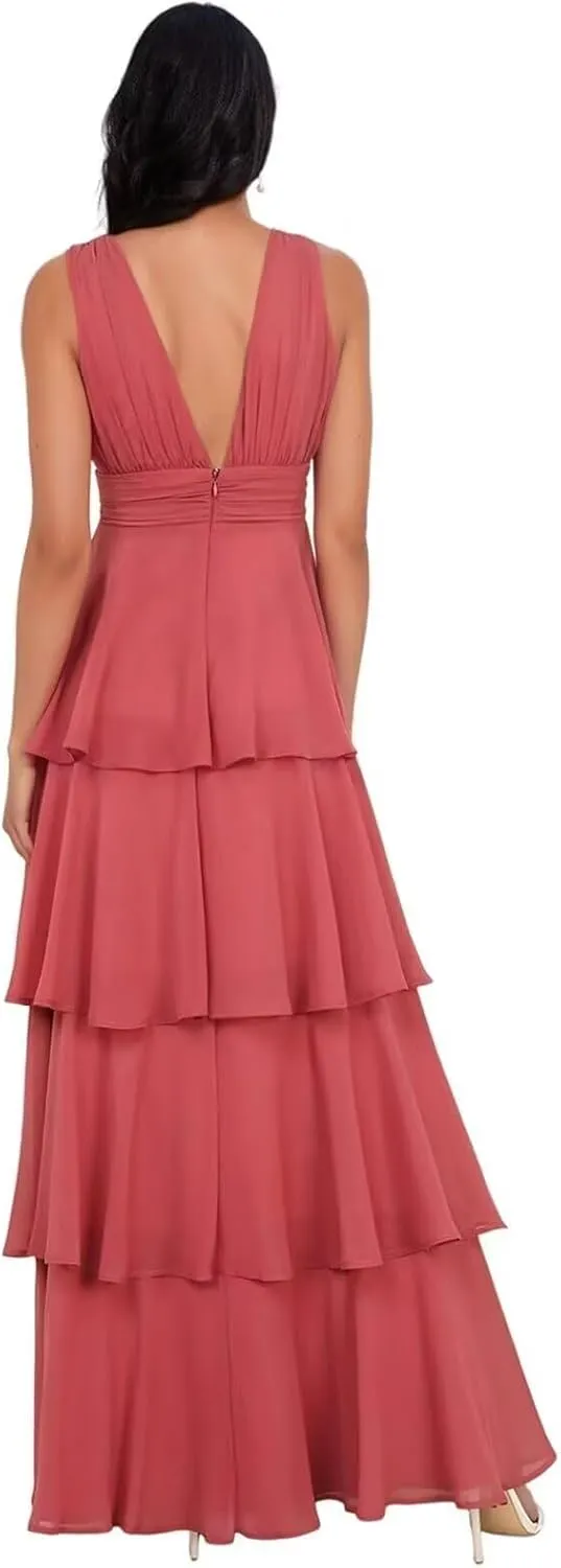 GATMAHE Tiered Chiffon Bridesmaid Dresses for Women Deep V Neck Ruffle A Line Long Formal Evening Dress