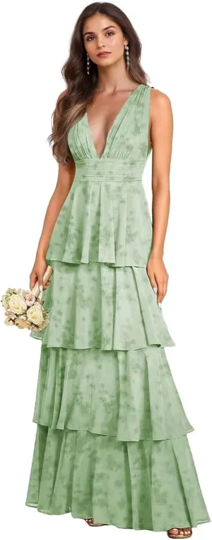 GATMAHE Tiered Chiffon Bridesmaid Dresses for Women Deep V Neck Ruffle A Line Long Formal Evening Dress