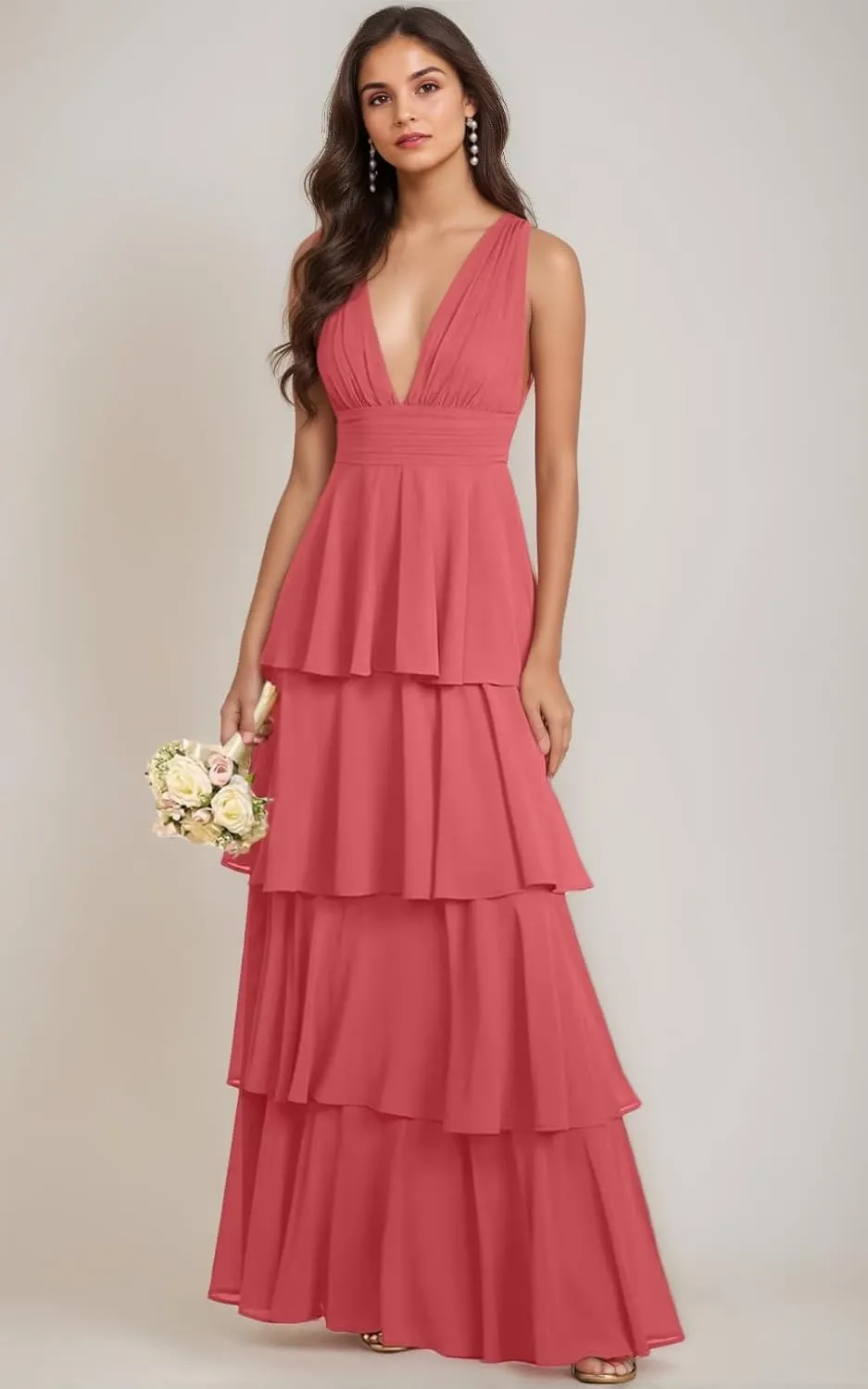 GATMAHE Tiered Chiffon Bridesmaid Dresses for Women Deep V Neck Ruffle A Line Long Formal Evening Dress