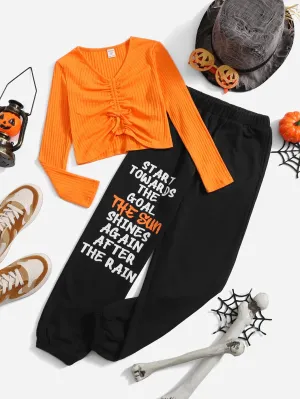 Girls Drawstring Front Tee & Slogan Graphic Sweatpants