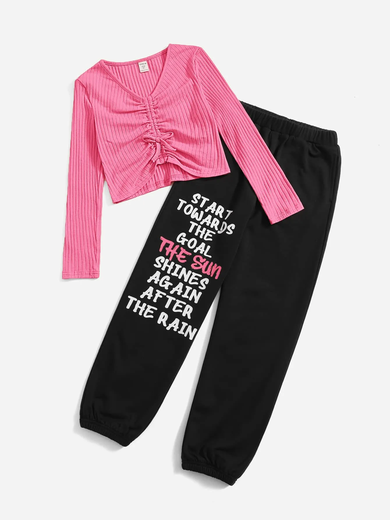 Girls Drawstring Front Tee & Slogan Graphic Sweatpants