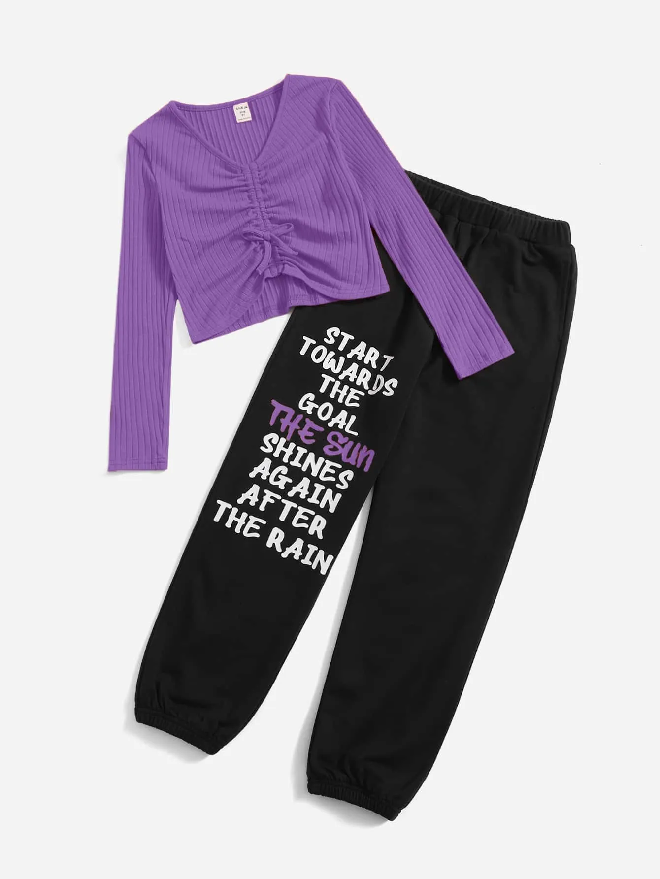 Girls Drawstring Front Tee & Slogan Graphic Sweatpants