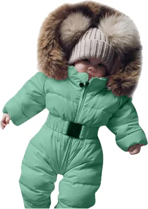 Girls Hooded Coat Infant Baby Snowsuit Romper Hooded Winter Warm Outerwear Jacket Jumpsuit Coat,Kids Cotton Padded Outwear(Green,9-12 Months)