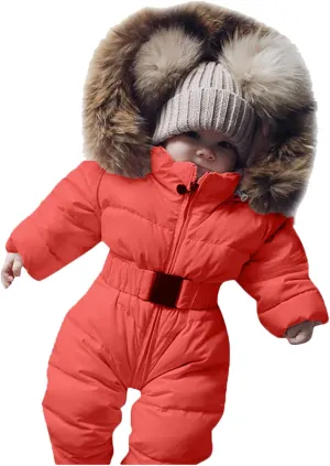 Girls Hooded Coat Infant Baby Snowsuit Romper Hooded Winter Warm Outerwear Jacket Jumpsuit Coat,Kids Cotton Padded Outwear(Orange,9-12 Months)