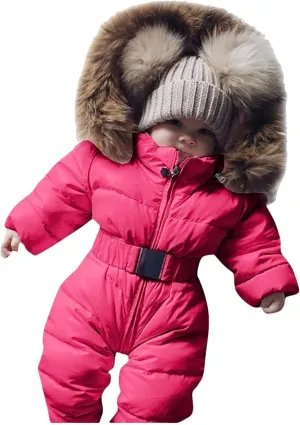 Girls Hooded Coat Infant Baby Snowsuit Romper Hooded Winter Warm Outerwear Jacket Jumpsuit Coat,Kids Cotton Padded Outwear(Red,6-9 Months)