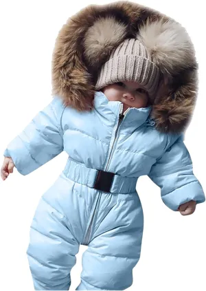 Girls Hooded Coat Infant Baby Snowsuit Romper Hooded Winter Warm Outerwear Jacket Jumpsuit Coat,Kids Cotton Padded Outwear(Sky Blue,3-6 Months)