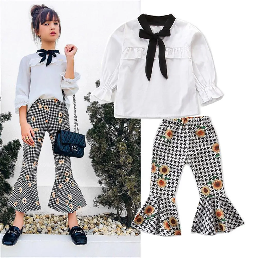 Girls Long Sleeve Blouse & Printed Bell Pants Wholesale Girl Clothing